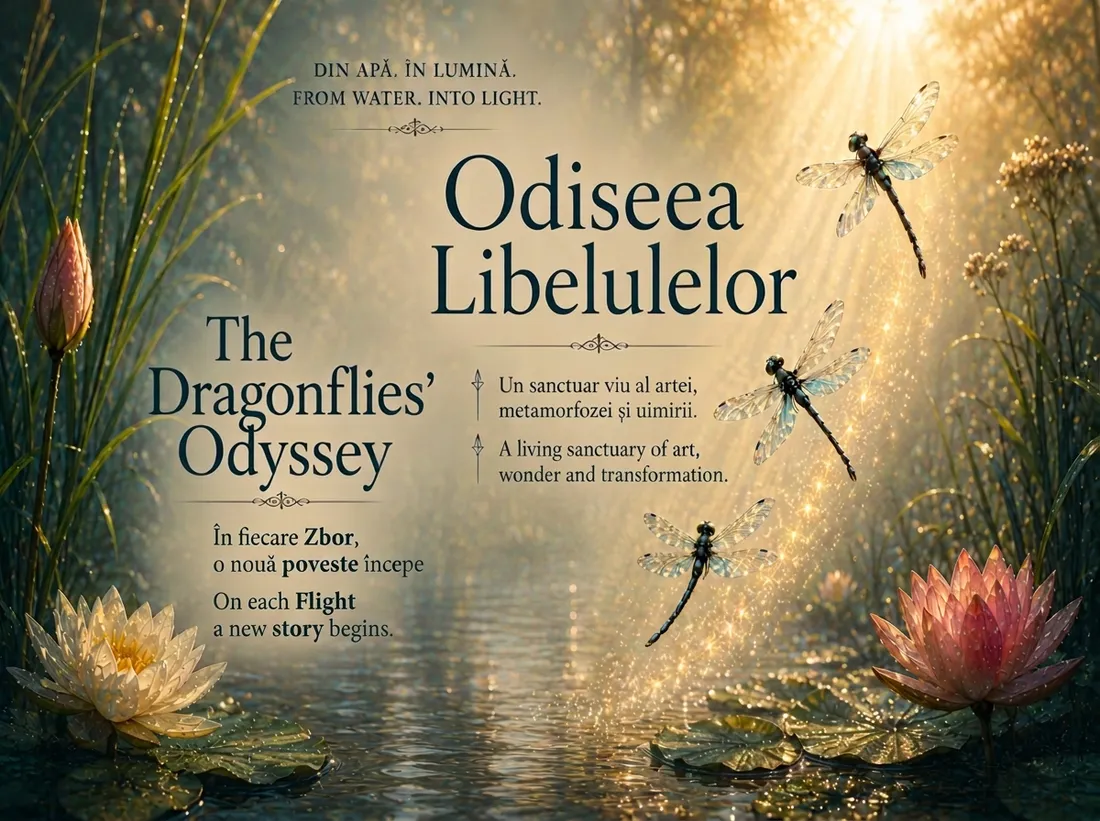 Odiseea Libelulelor — anunțul Zborurilor: libelule ridicându-se prin lumina aurie deasupra nuferilor